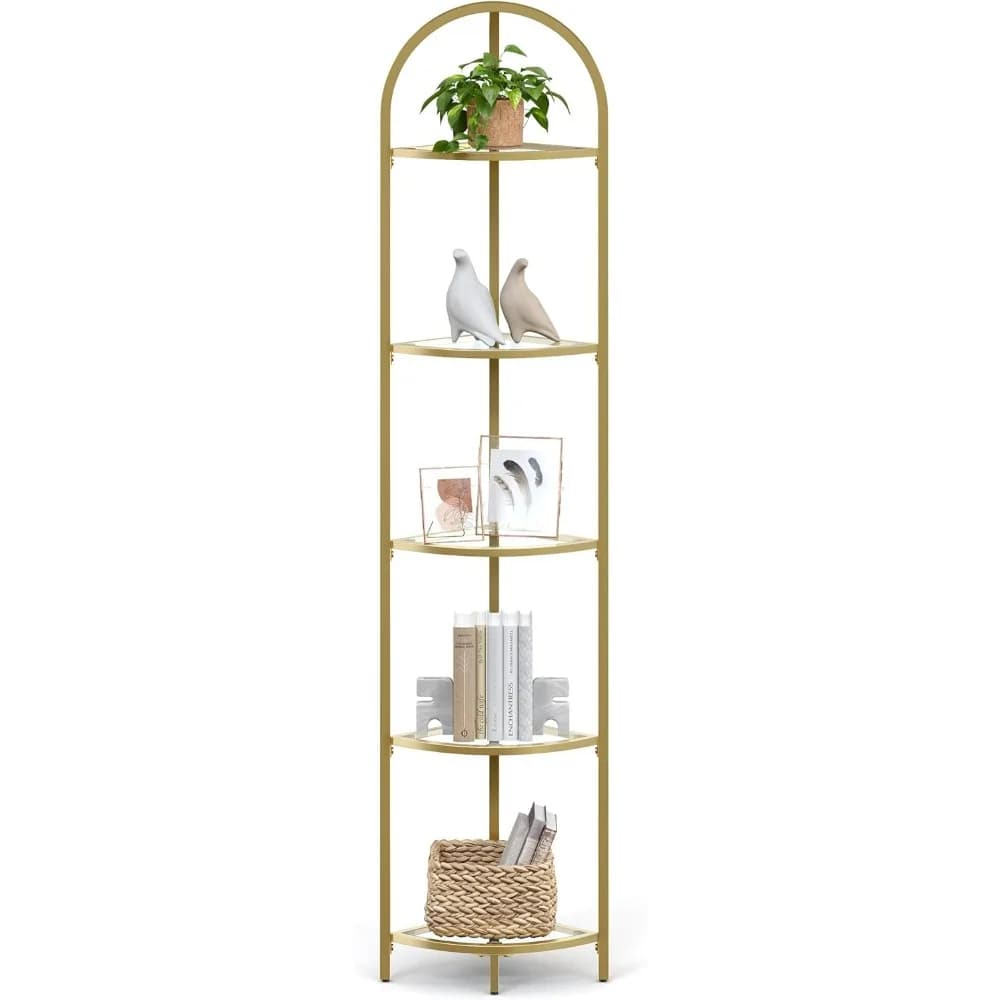 5-Tier Corner Shelf Stand, Corner Bookshelf, Bathroom Organizer, Plant Stand, Tempered Glass, Steel Frame, Modern Style,