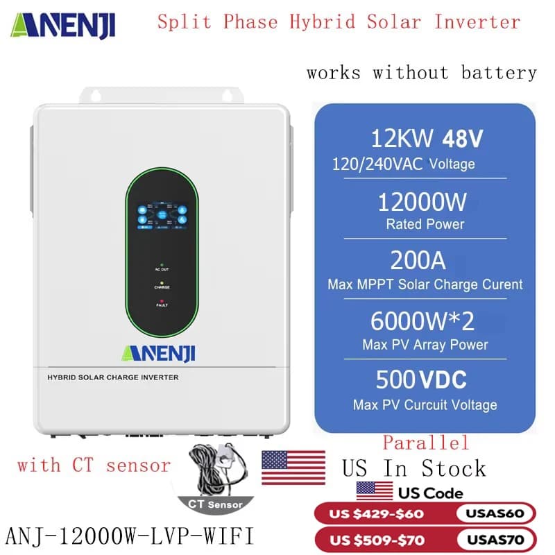 ANENJI Inverter solare ibrido a fase divisa 12KW 48V 120V 240V Onda sinusoidale pura sulla rete MPPT 200A Caricatore solare PV 500V con CT