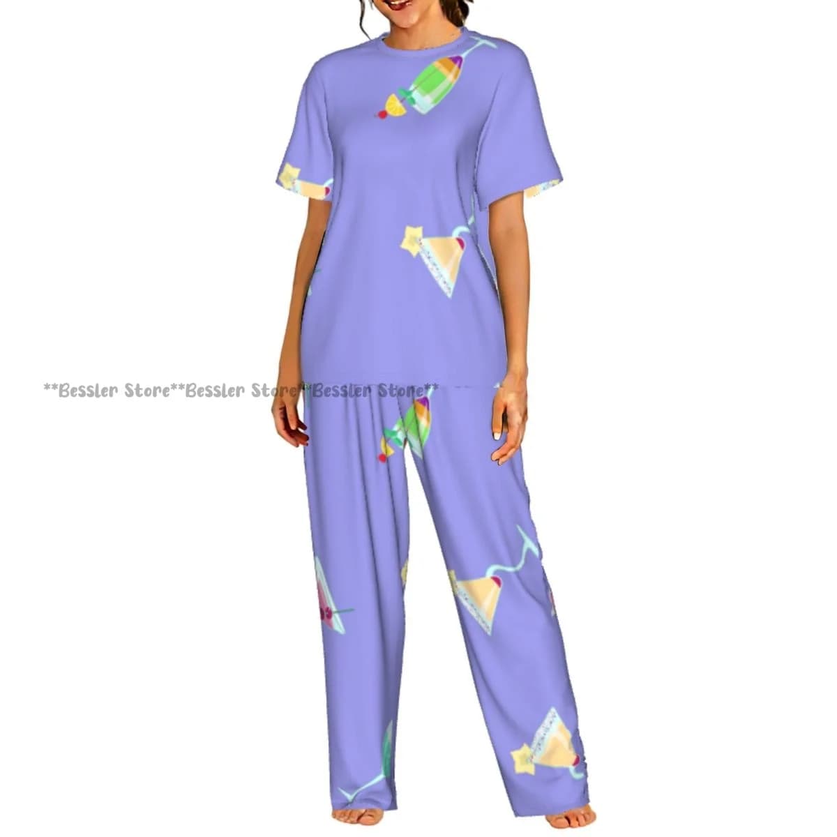 Women's casual pajamas set with short sleeve pants and cocktail drink pattern