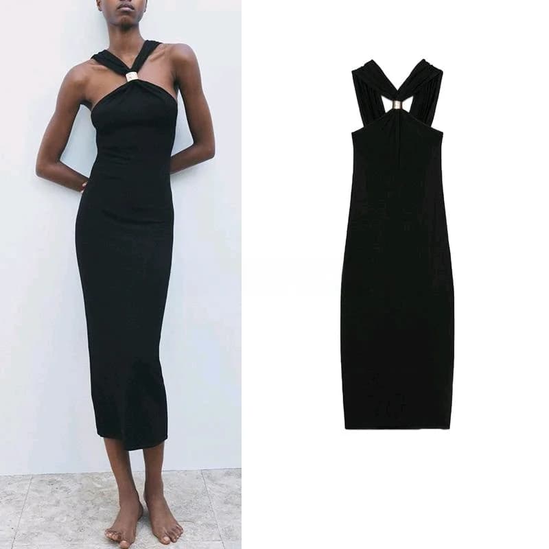 Nuovo Arrivo Primaverile: Abito da Donna in Maglia con Decorazioni Dorate, Collo Halter, Maniche Lunghe, Vita Alta, Aderente, Vestito Estivo