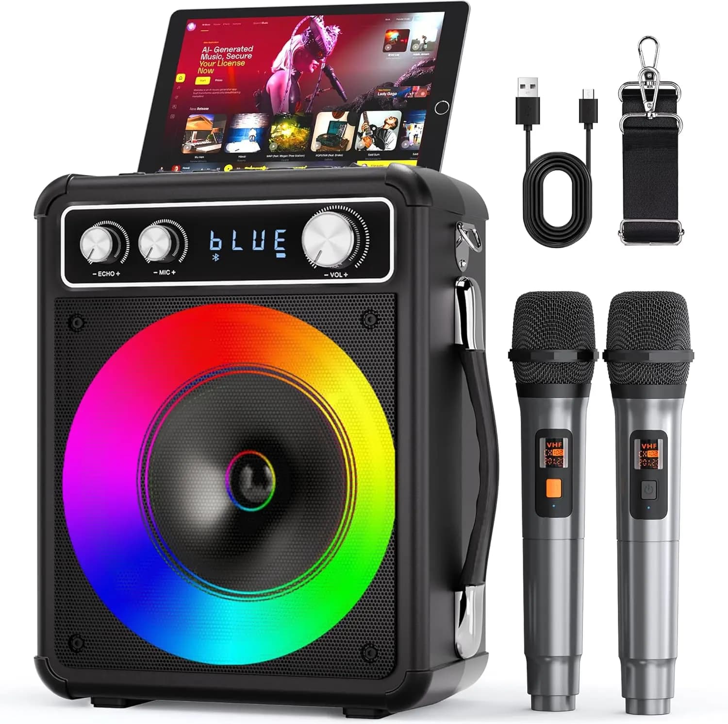 Macchina per Karaoke Portatile con Microfoni Wireless, Altoparlante Bluetooth per Feste, Viaggi e Intrattenimento Domestico