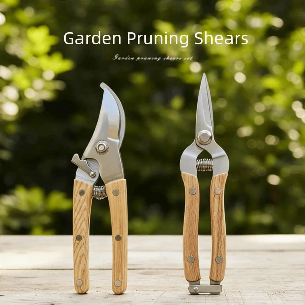 Forbici da Potatura in Acciaio Inox con Manico in Legno, Testa Dritta/Flessibile, Blocco di Sicurezza, Antiscivolo, per Giardinaggio