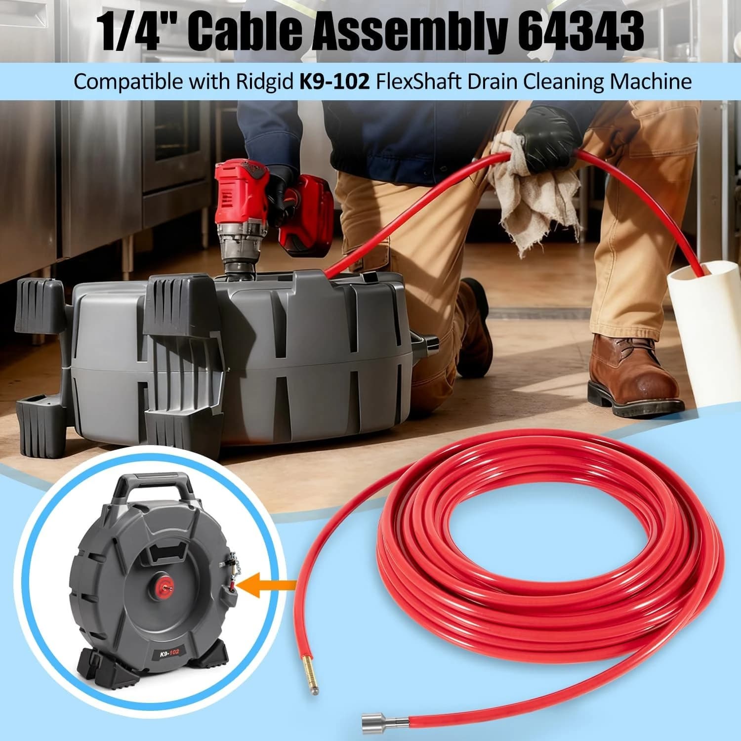Flexshaft 1/4" (6mm) Cable Assembly 64343 with Sheath & Coupling, for Ridgid K9-102 Drain Cleaning Machine, 50 Ft. Long