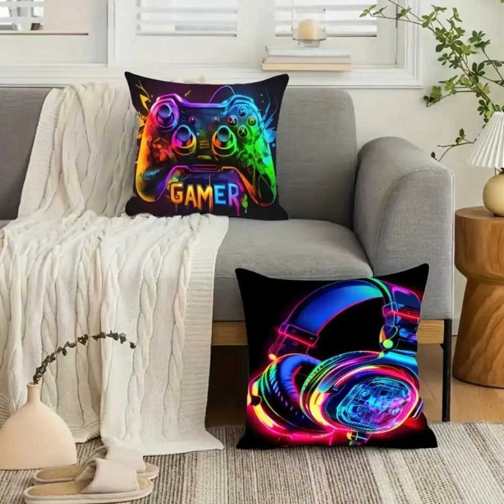 [Gaming Print Pillow Covers] 2pcs Vibrant Neon Gaming Print Throw Pillow Covers - Soft Machine Washable Polyester, Zip Closure - Ideal for Living Room, Bedroom, Sofa & Outdoor Decor (Filling Not Included), Gamerthemed Decor|Gaming Room Decorations