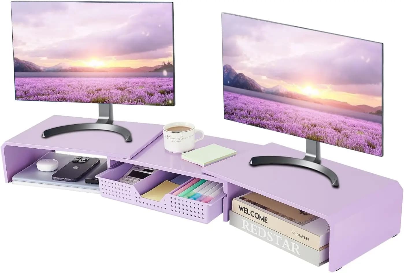 Support for Double Monitor Purple with Drawer, Metal Desk Organizer for Laptop, Computer and TV Space