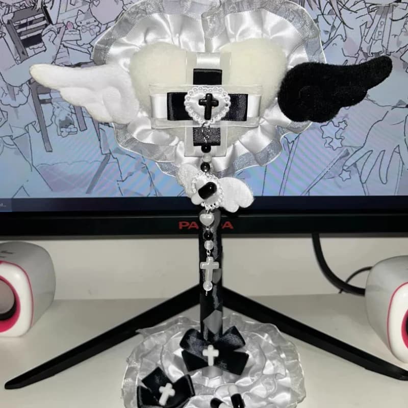 Supporto per Cuffie a Forma di Testa d'Angelo Bianco e Nero, Personalizzabile, Espositore da Scrivania per Cuffie, Accessorio Regalo