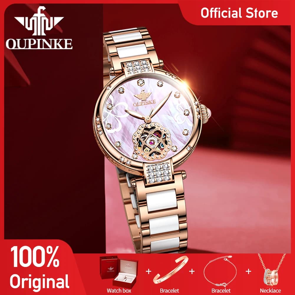 OUPINKE 3183 Ladies Watch Original Luxury Elegant Skeleton Mechanical Watch 50M Waterproof Day Date Watch For Women Ceramic