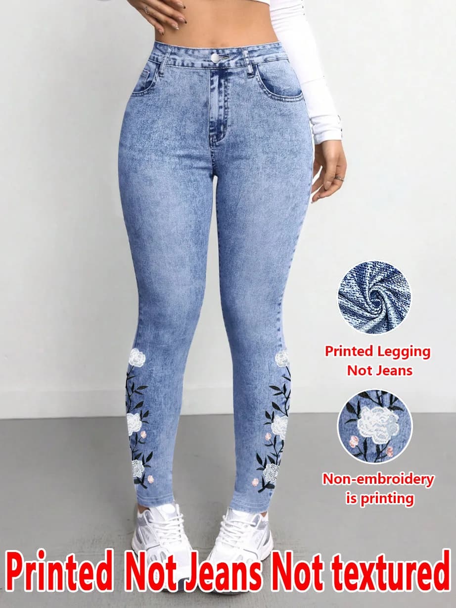 1293 [Pantaloni Stampati - Non in Tessuto Denim] Effetto Ricamo Stampato 2D, Tessuto Non Denim Stampato, Leggings Lunghi da Donna