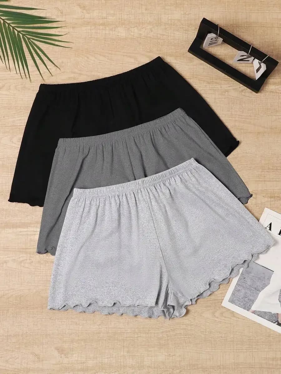 Confezione da 3 pantaloncini comodi da donna in tinta unita con elastico in vita e orlo smerlato per la primavera estate