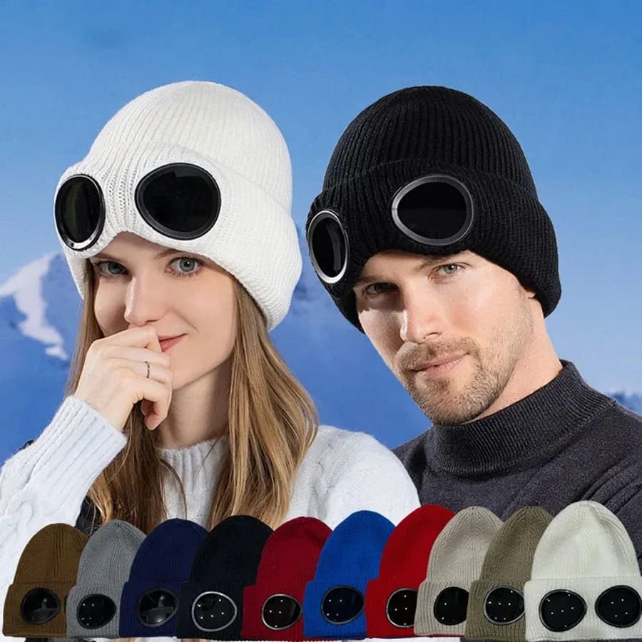 Nuovo Cappello Lavorato a Maglia Unisex 2026 con Occhiali, Antivento, Caldo per l'Inverno, Berretto da Sci Morbido e Antiscivolo