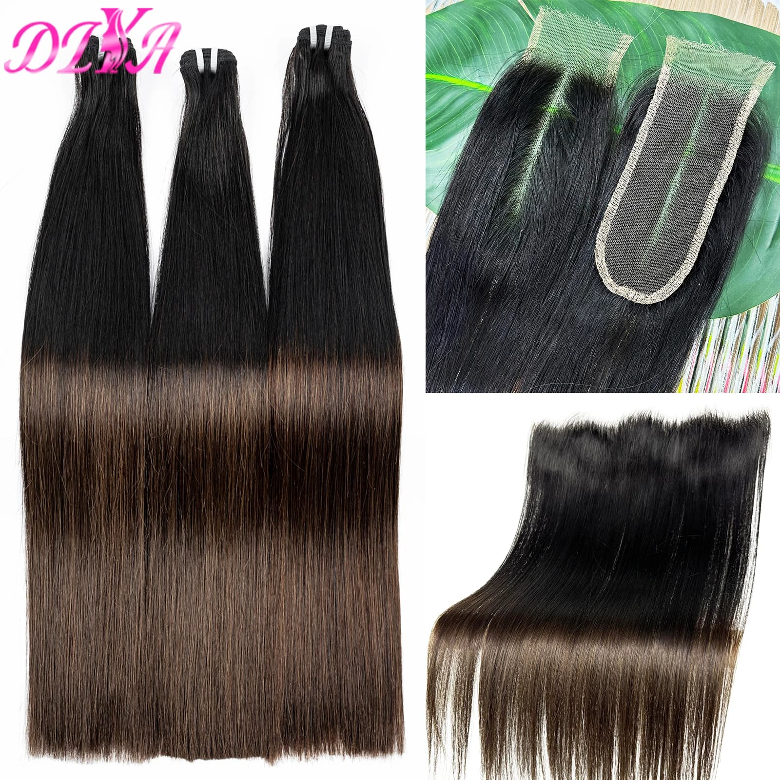 1BT4 Shadows Double Drawn Straight Bundles with Front in Pizzo HD 13x4, Extension of Vietnamese Hair with Royal HD Lace Closure 2x6/5x5