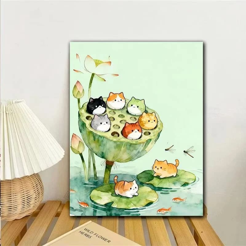 Cute Cats on Lotus Leaf Animal Modern Canvas Oil Painting Paint by Numbers for Living Room Bedroom Home Decor Frameless