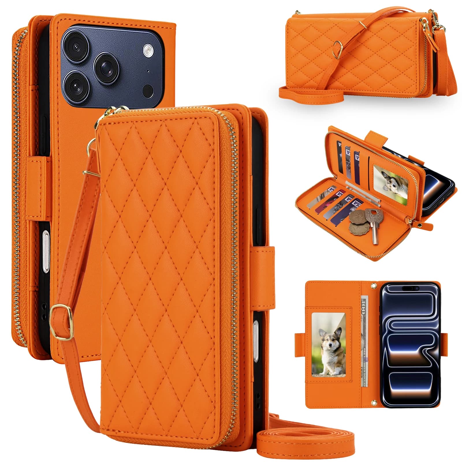 Elegante Custodia a Tracolla in Pelle con Porta Carte e Funzione RFID per iPhone 17 Pro Max 16 Plus 15 14 13 12 11 con Cinturino da Polso