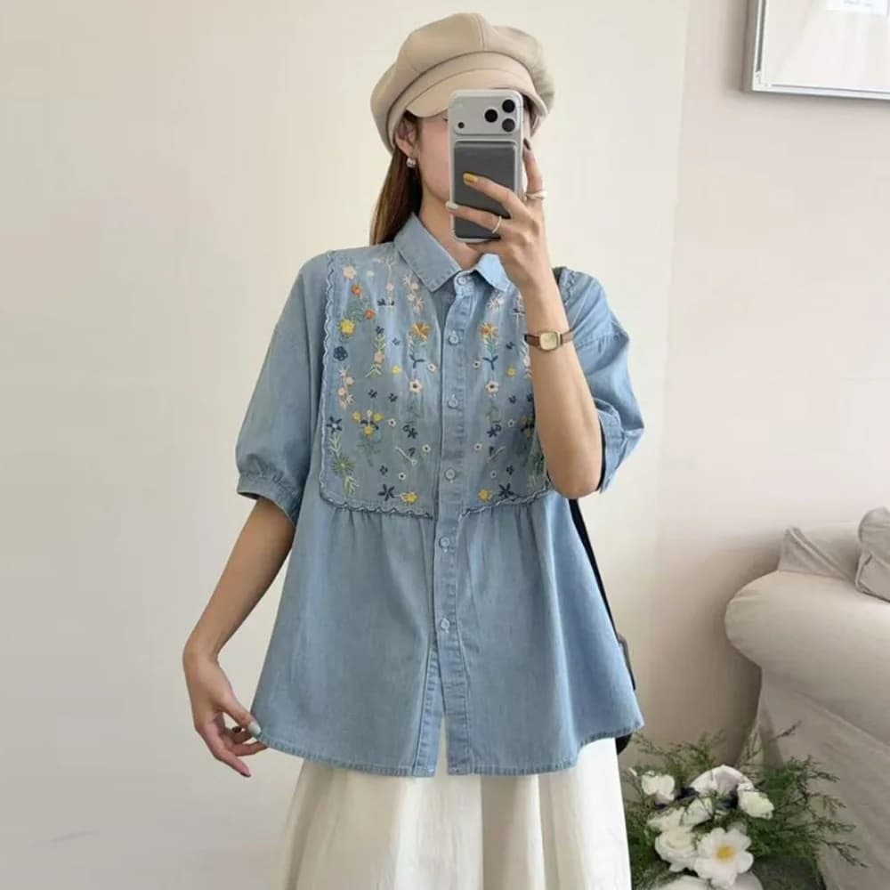 Camicie in Denim con Ricami Floreali Stile Mori Girl Giapponese, Bluse Estive da Donna con Colletto Rovesciato e Maniche Corte, Casual e Comode