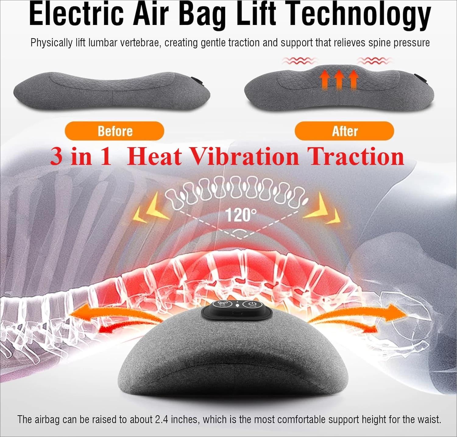 3-in-1 Heating Vibration Back Massager Pillow Lumbar Traction Stretcher Back Support Cushion for Herniated Disc Pain Relief