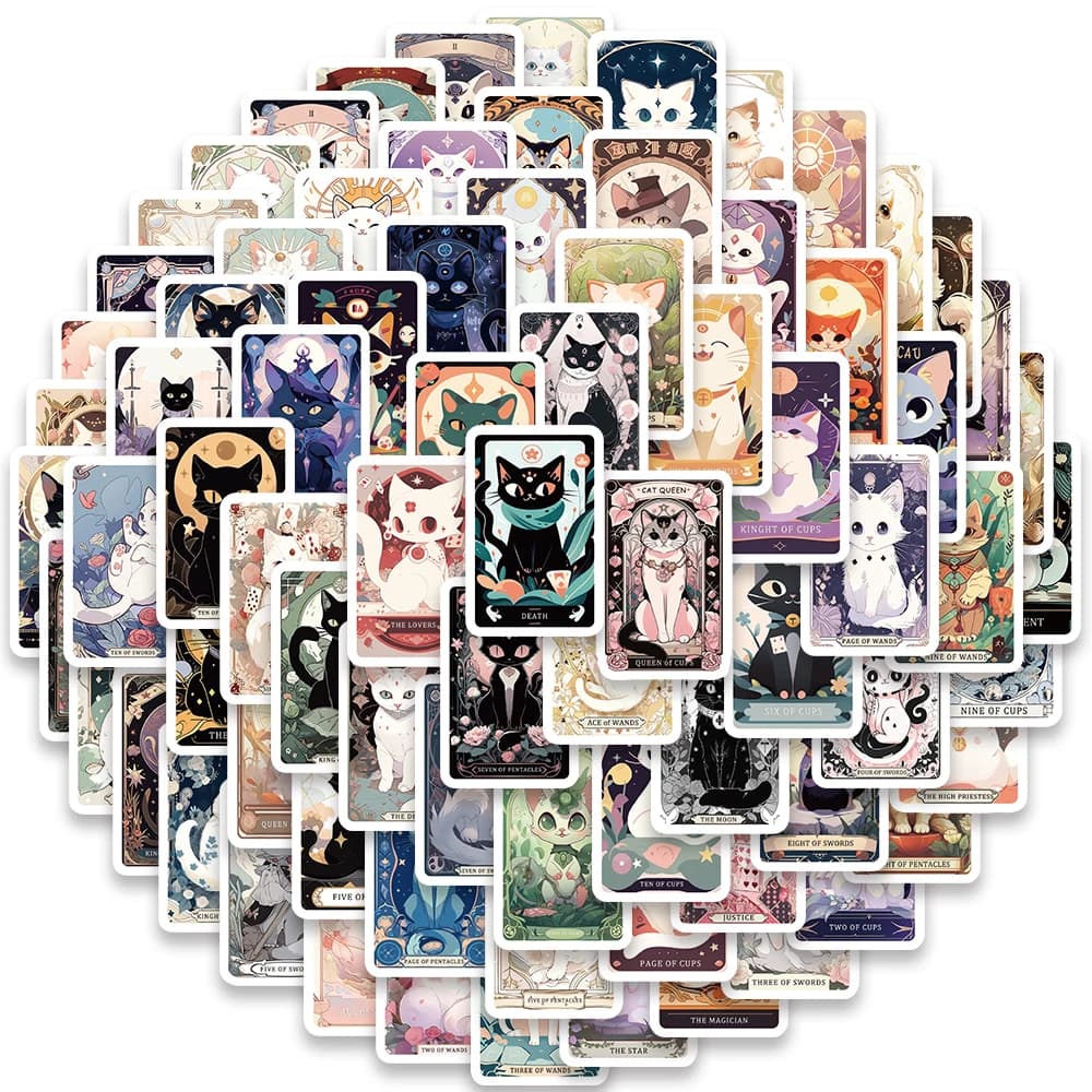 78 adesivi per carte dei tarocchi con gatti dei cartoni animati di dimensioni mini per laptop, telefono, notebook, bagagli, chitarra, bicicletta, auto, decalcomanie in vinile impermeabili