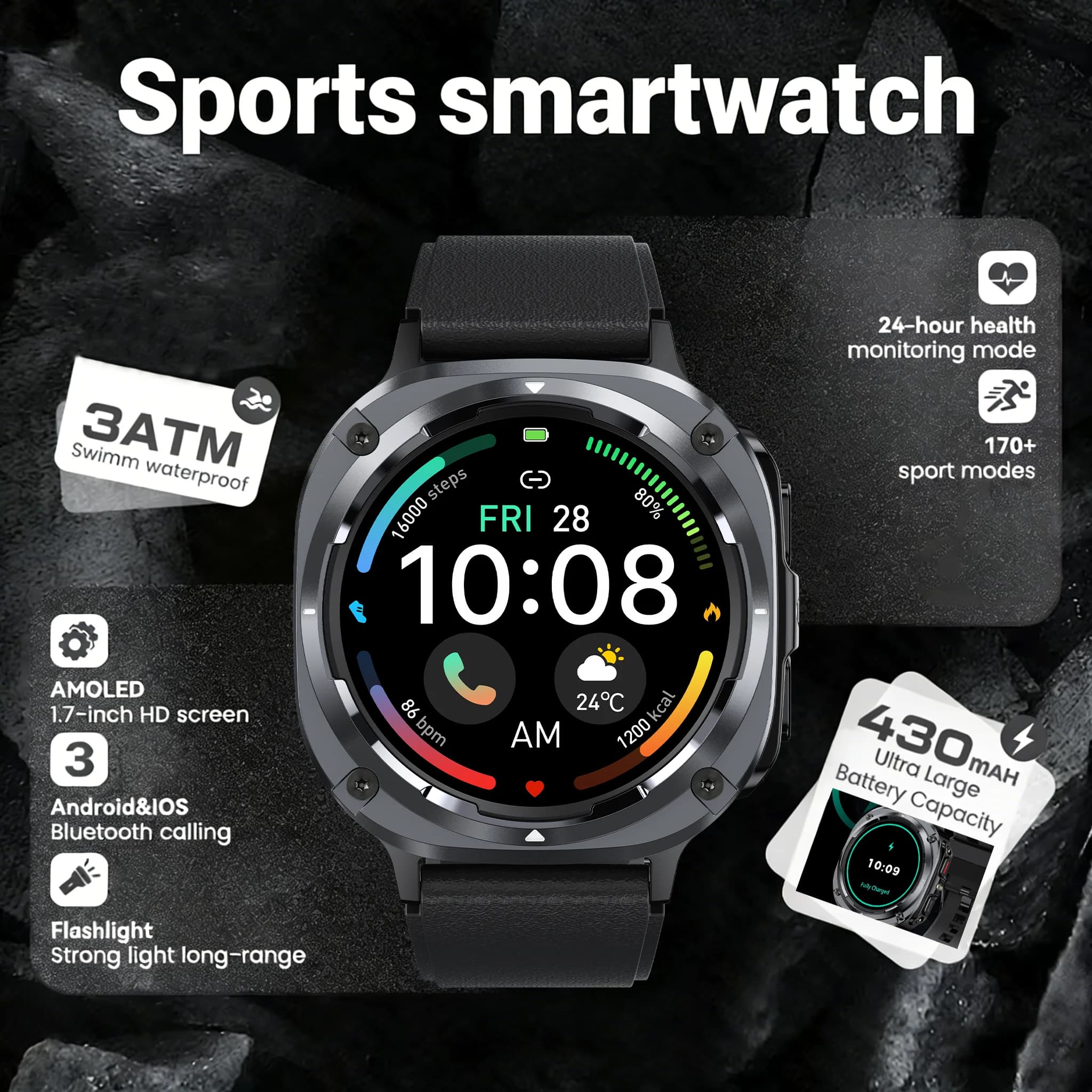 New Smartwatch LED 2026 with Flashlight, 430mAh Battery, Display 1.39 Inch, Man Sports Watch, Waterproof 3ATM, Bluetooth Calls
