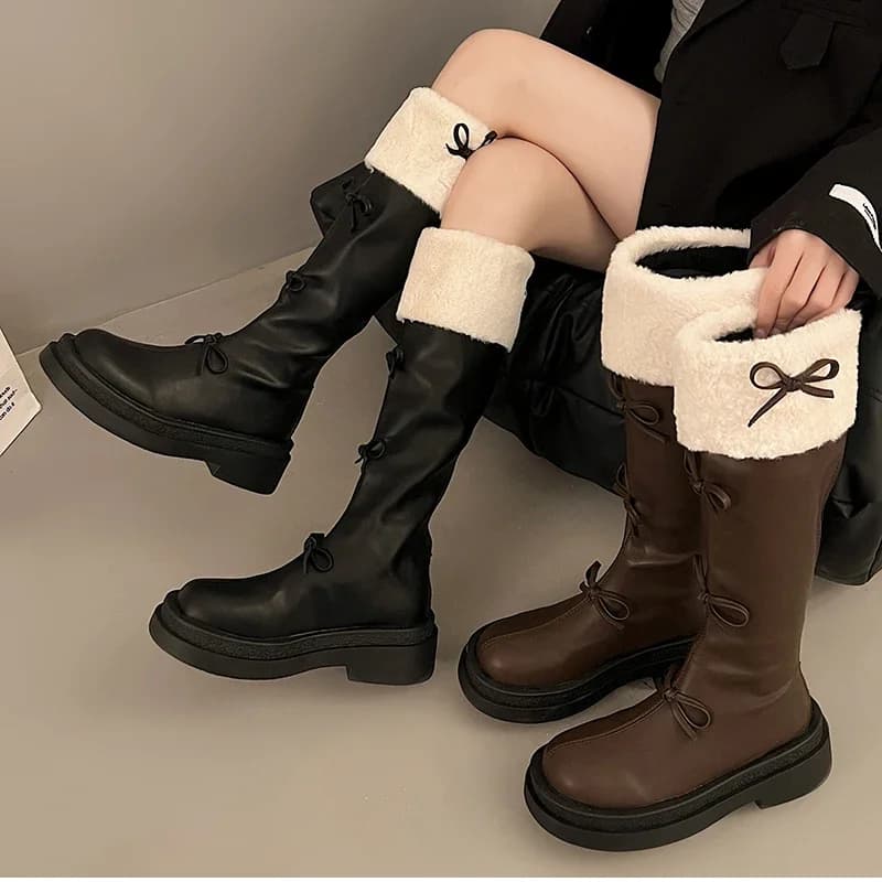 Autumn Winter Short Plush Woman Knee Boots Fashion Long ankle boots with butterfly knot Botas Female