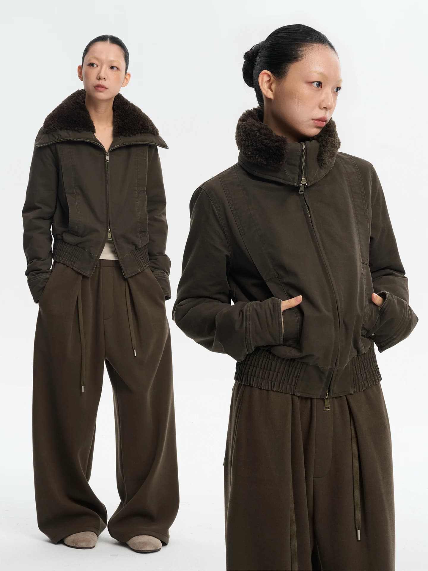 Retro Washed High Collar Jacket Women's Thickened Cotton Coat Winter Outerwear Short Style Zipper Closure Daily Wear