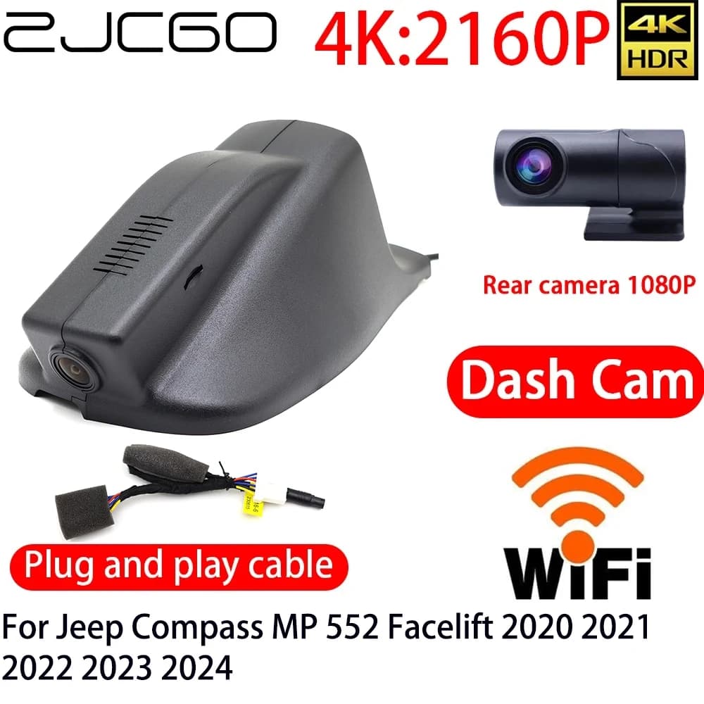 ZJCGO 4K DVR Dash Cam Wifi Front and Back Camera with 24h Monitor for Jeep Compass MP 552 Facelift 2020 2021 2022 2023 2024