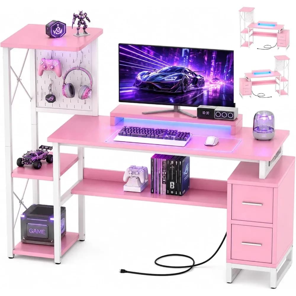Computer Desk with 2 Fabric Drawers - Reversible Home Office Desk with Power Outlet & LED Lights, 53" Writing Desk with Monitor Stand & Storage Shelves, Gaming Desk Study Table with Pegboard, Pink