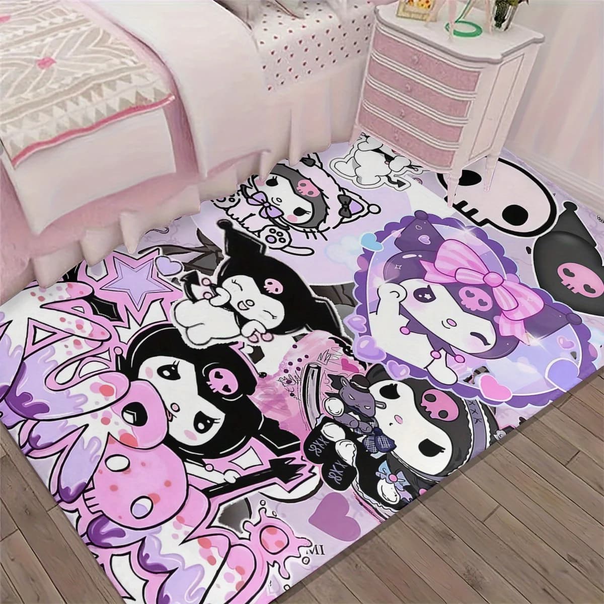 Hello Kitty Carpet for Christmas Gift, Halloween Gift Kuluomi, Sanrio Washable Flannel Carpet, Suitable for Bedroom and Living Room