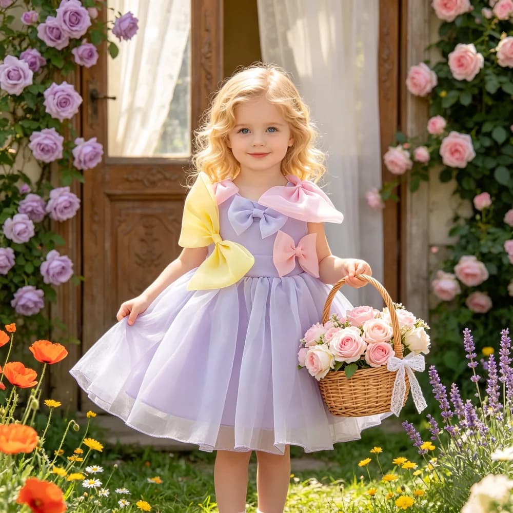 Girls' dress sleeveless satin dress with bow princess skirt mesh pleated dress