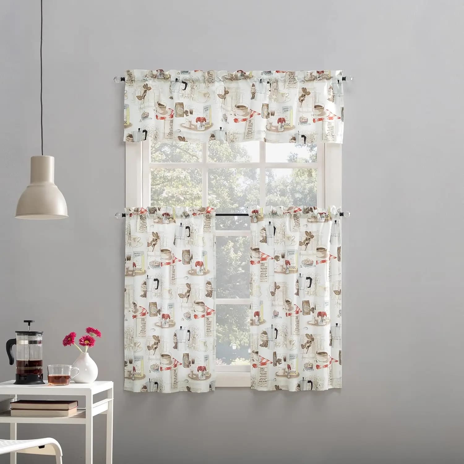 Set of kitchen curtains Brew Coffee Shop semi-transparent with pockets for stick, 54" x 36", white