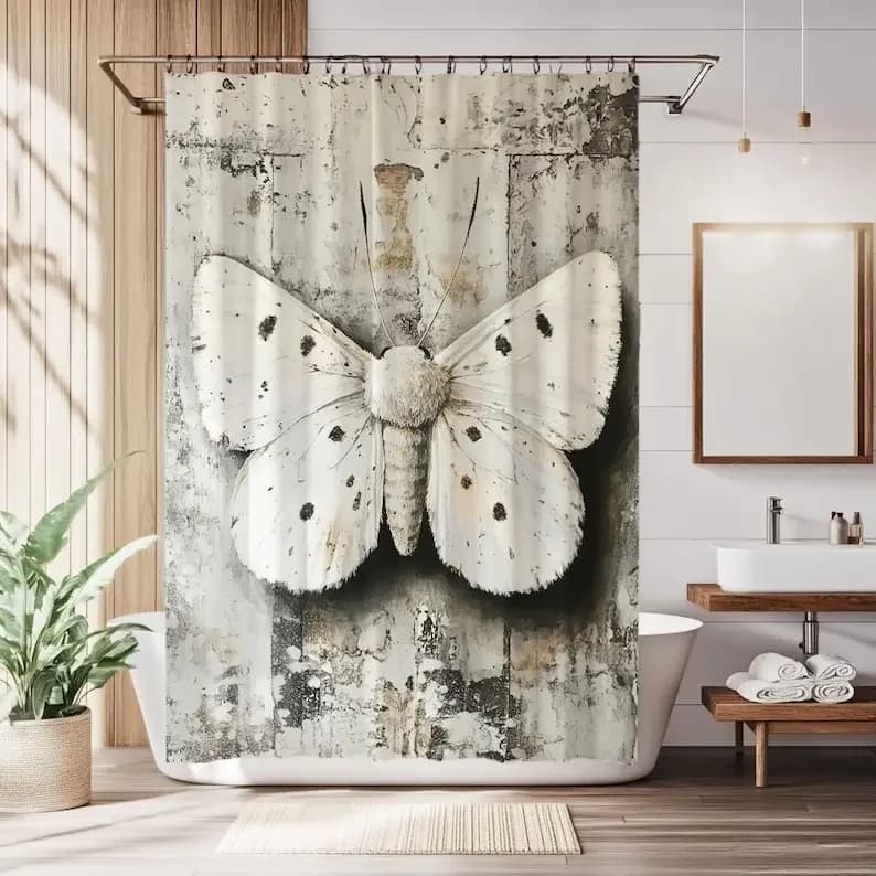Tenda da doccia vintage con pittura di falena bianca, arredamento da bagno gotico Boho, arte di insetti mistici, tenda con illustrazione di falena