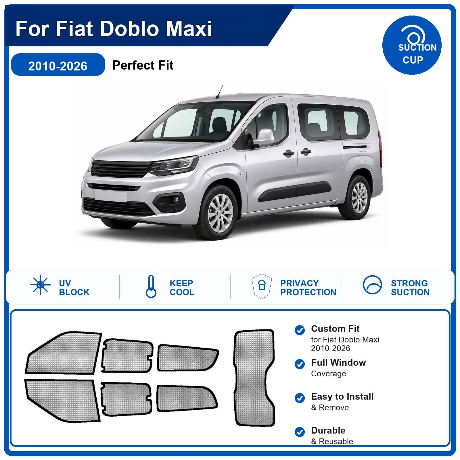 For Fiat Doblo Maxi 2010-2026 Custom Full Set Windshield Sun Shade Aluminum Foil Heat Insulation Anti UV Foldable