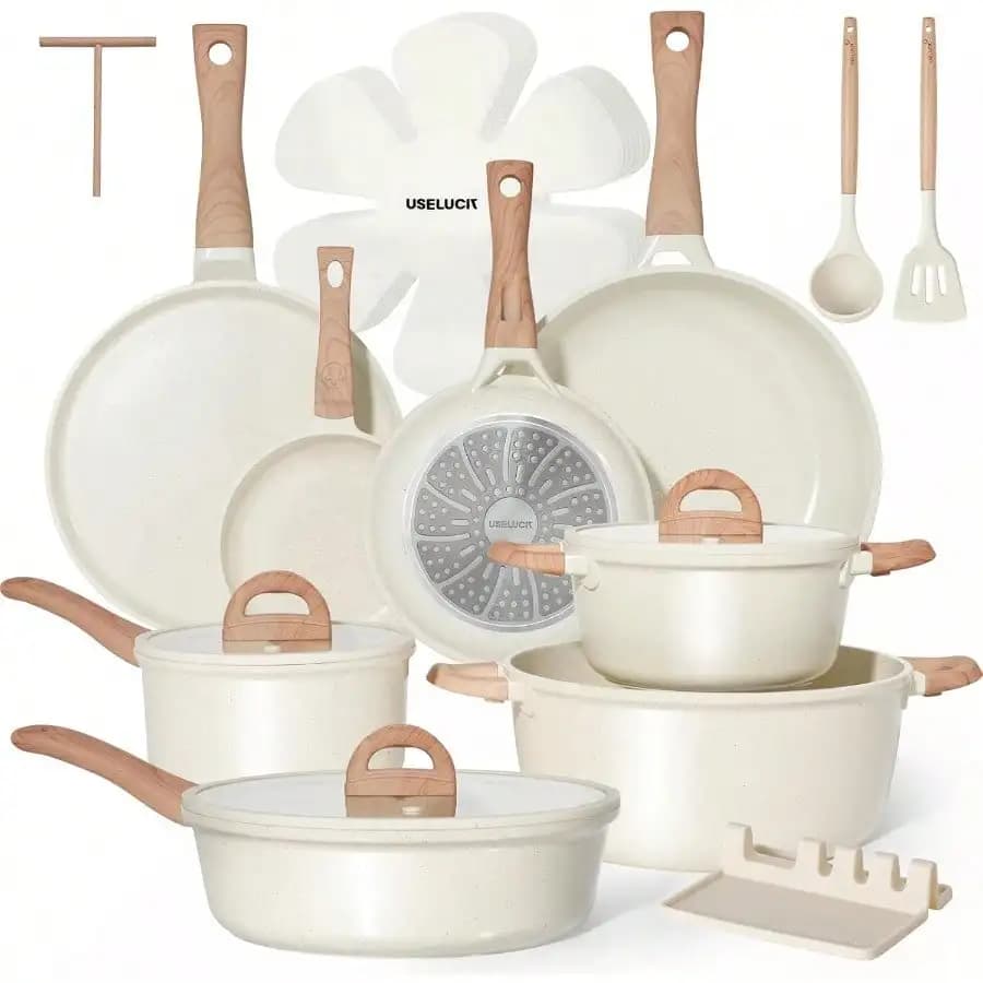 Pots And Pans Set Non Stick 22 Pcs Ceramic Cookware Sets Nonstick Kitchen Pot&Pan With Lid Cream White Granite Induction Compatible With Glass Lids Crepe Frying Pan /