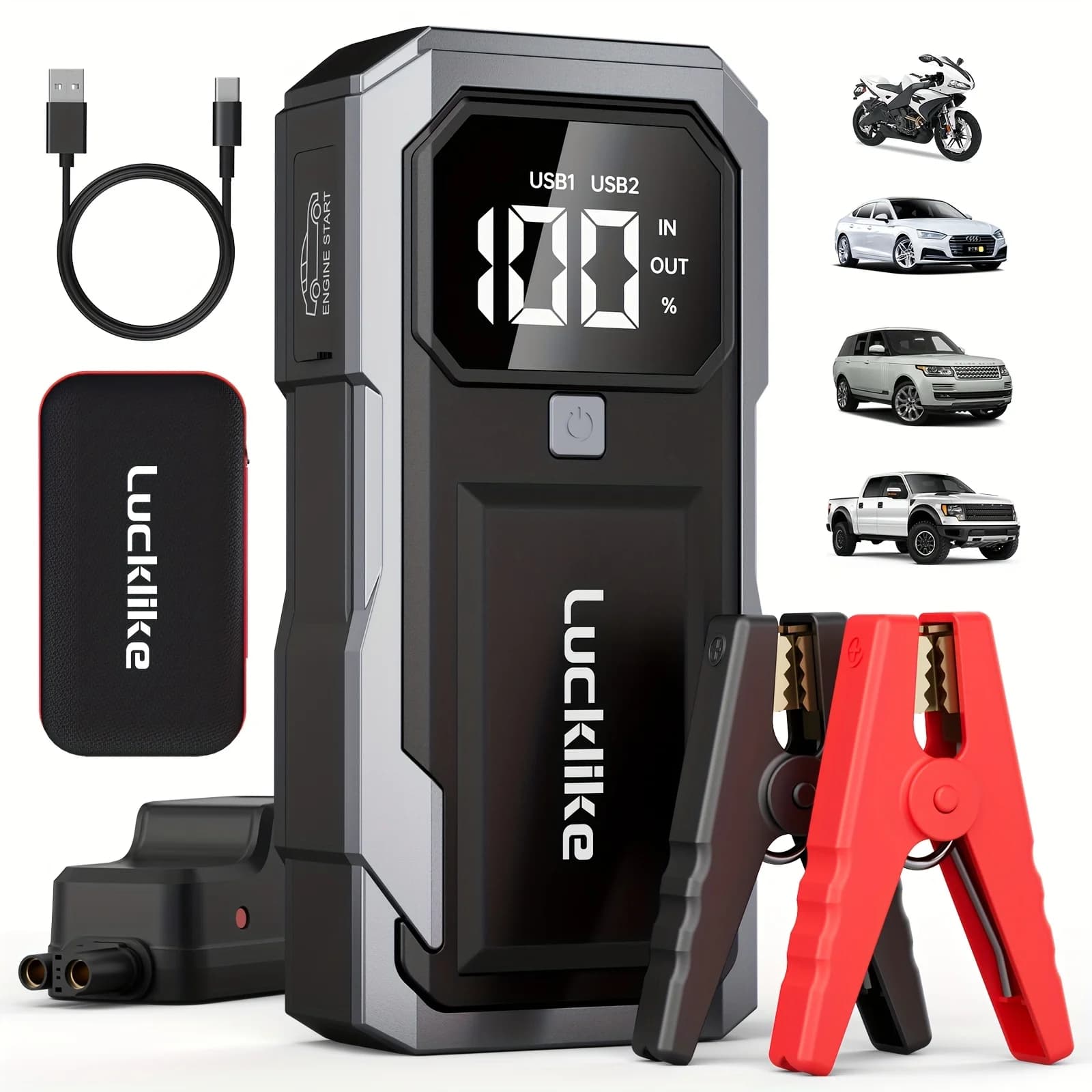 Avviatore di Emergenza Portatile 5000A e Caricabatterie per Auto 12V - Batteria di Emergenza Lucklike per Motori a Benzina 2.11gal/Diesel 1.85gal