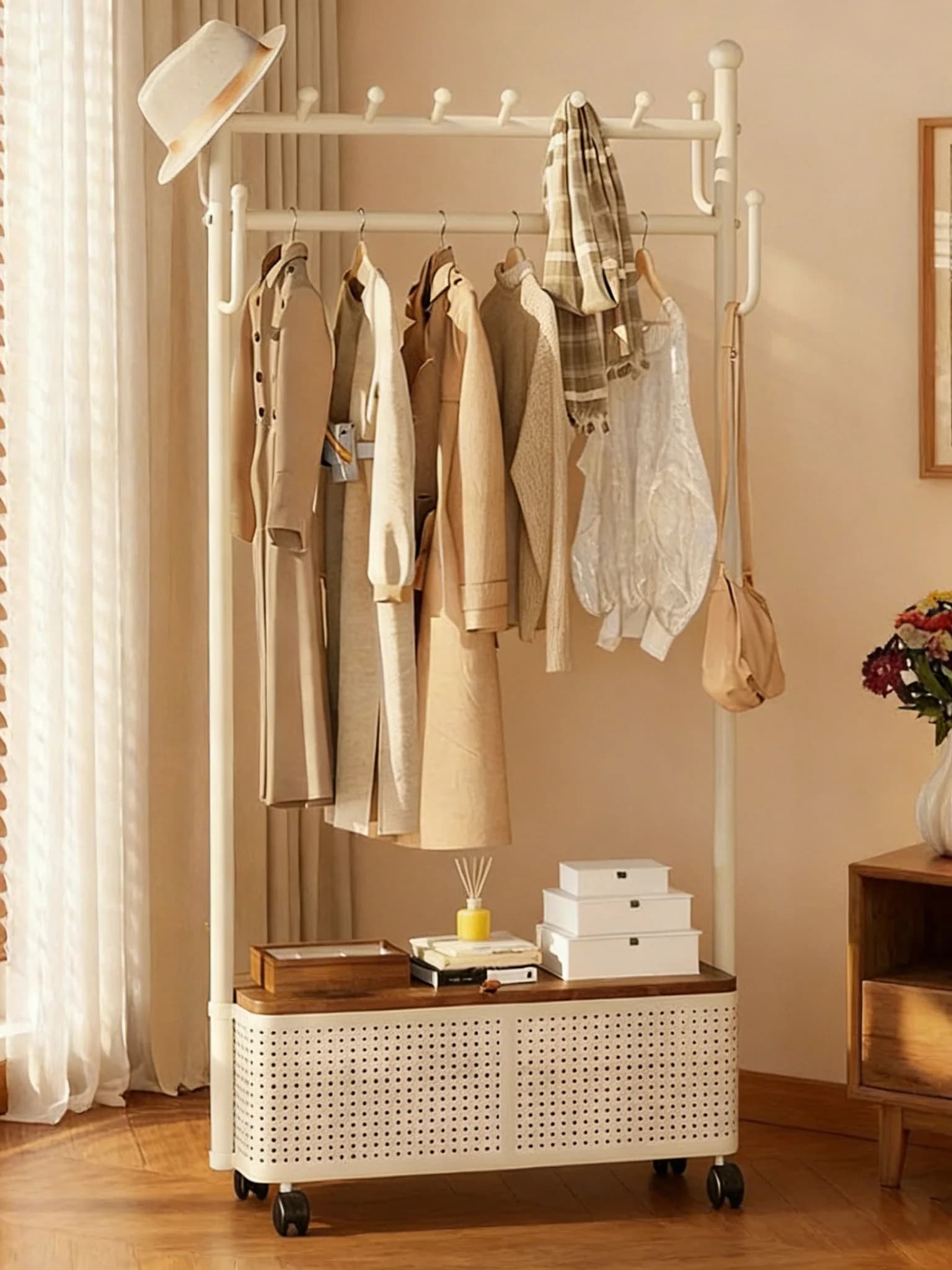 Simple Floor Coats with Wheels for Bedroom and Home Use, Interior Clothes rack, Wardrobe Clothes rack