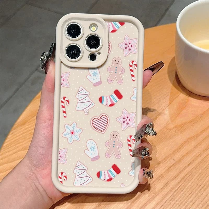 Pink Gingerbread Man Christmas Tree Pattern High-Edge Tpu Anti-Drop Phone Case, Suitable for iPhone 17 Air Pro Max, iPhone 16, 15, 14, 13, 12, 11 Pro Max, Xs, Xr, X, 7, 8 Plus, Se Series Phone Cases, Suitable for Birthday Gifts for Girlfriends, Boyfriends, Friends/Various Holiday Gifts