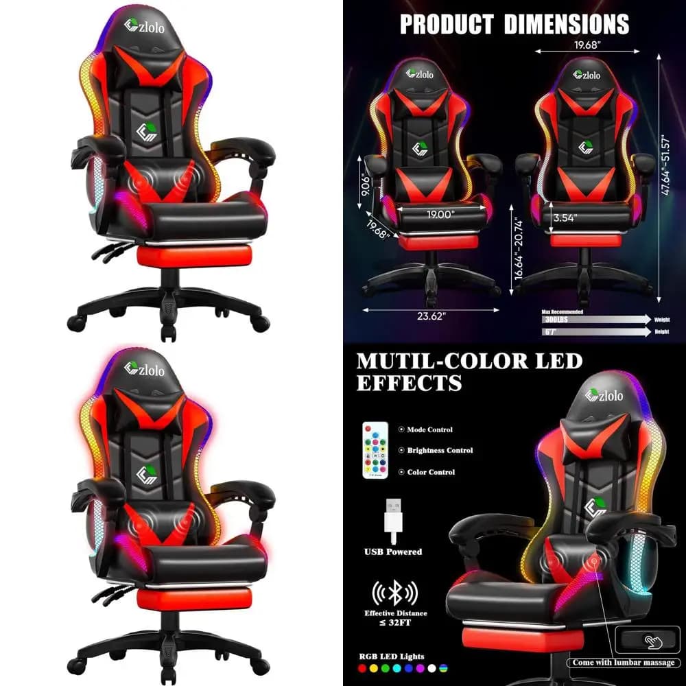 Sedia da Gaming RGB LED Stile Racing con Massaggio Lombare per Adulti e Bambini, Sedia da Scrivania Reclinabile con Schienale Alto e Poggiapiedi (Nero/R