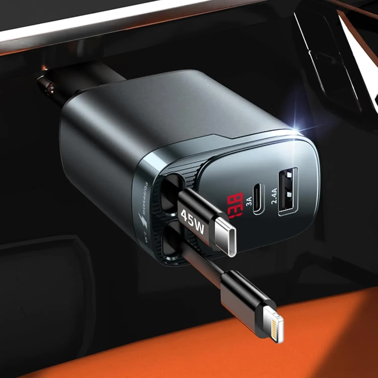 Retractable Car Charger 4 in 1 84W Fast Charge USB C Cigarette Lighter Adapter with Voltage Display, Travel Essentials Car Accessories for iPhone Samsung Android
