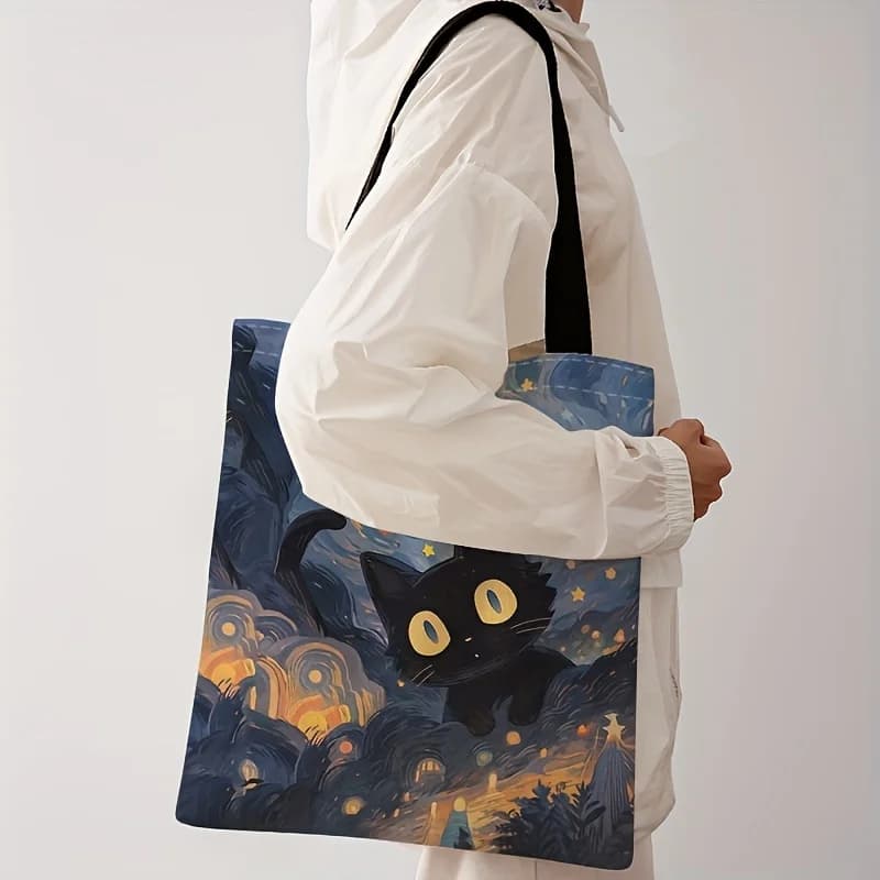 Borsa tote stampata con motivo gatto notturno nero Borse shopper a tracolla in tessuto di cotone per cartoni animati per borsa da donna Borsa riutilizzabile pieghevole ecologica