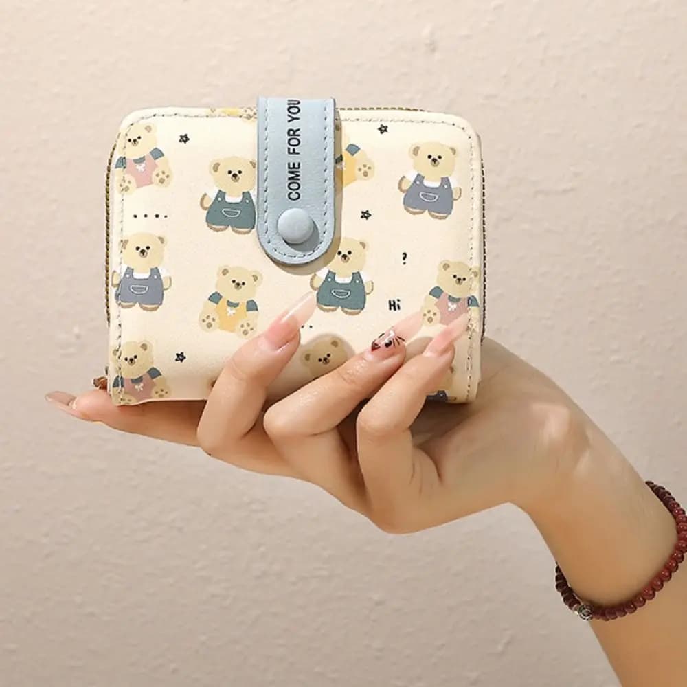 Cute PU Leather Short Wallet Short Bear Card Holder Zipper Storage Bag Women Girls