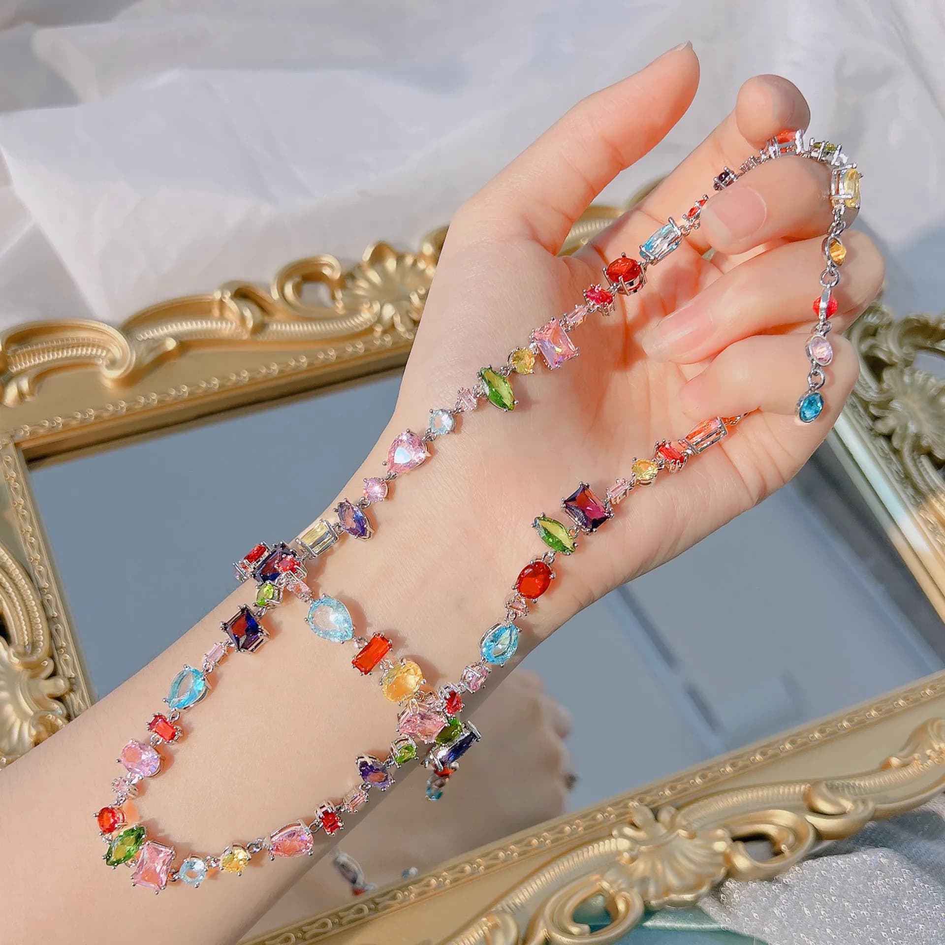 Foydcbreo simpatici braccialetti di cristallo quadrati Color caramella per le donne Design di lusso arcobaleno zircone collane orecchini set di gioielli
