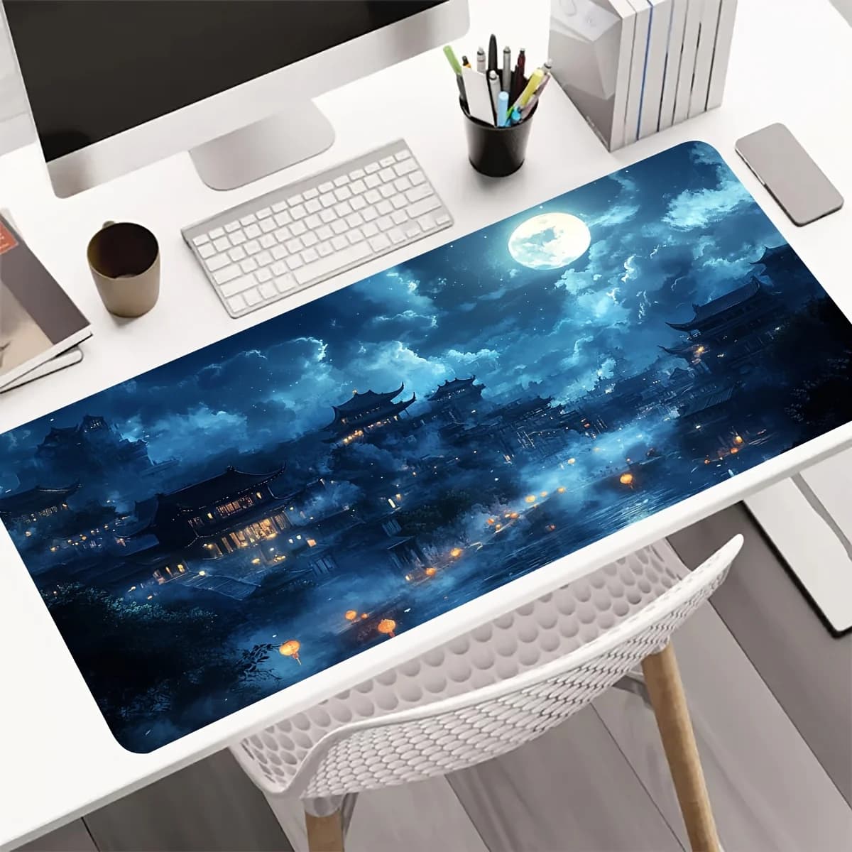 1 Grande Tappetino per Mouse da Gaming E-Sports con Design Paesaggio Cinese al Chiaro di Luna, Base in Gomma Antiscivolo Lavabile