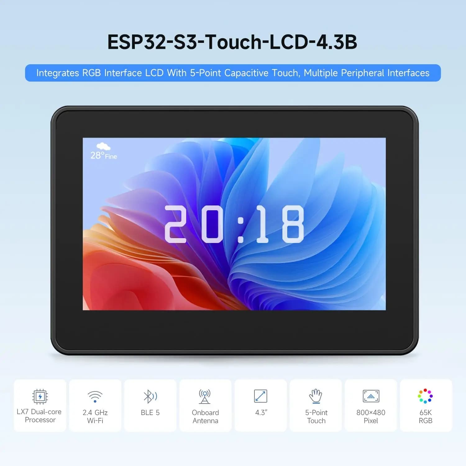 Waveshare ESP32-S3 Scheda di sviluppo display LCD touchscreen IPS da 4,3 pollici Tipo B 800×480 HMI LVGL GUI Sviluppo per Arduino IDE