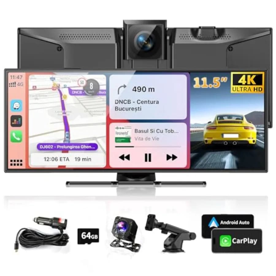 Schermo CarPlay Portatile per Auto: Touchscreen 4K da 11,5 Pollici, CarPlay Wireless, Android Auto, Dash Cam con Registrazione in Loop e Telecamera di Retromarcia