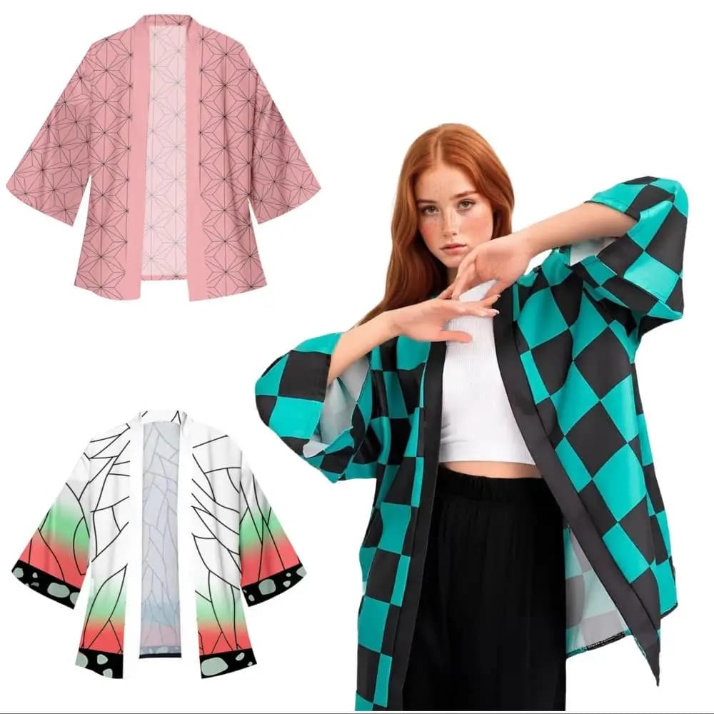 Men Japanese Anime Samurai Tanjirou Kamado Green Black Checkered Kimono Haori Cardigan Zenitsu Agatsuma Yellow Cosplay Costume