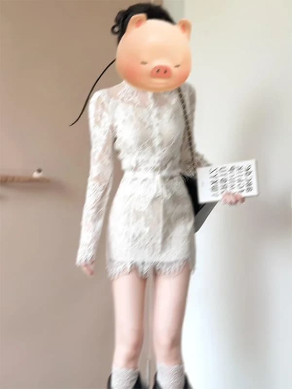 Elegant Lace Long Sleeve Women's Top High Waist Short Skirt Slimming Two-Piece Set Autumn Winter Fashion Casual Outfit