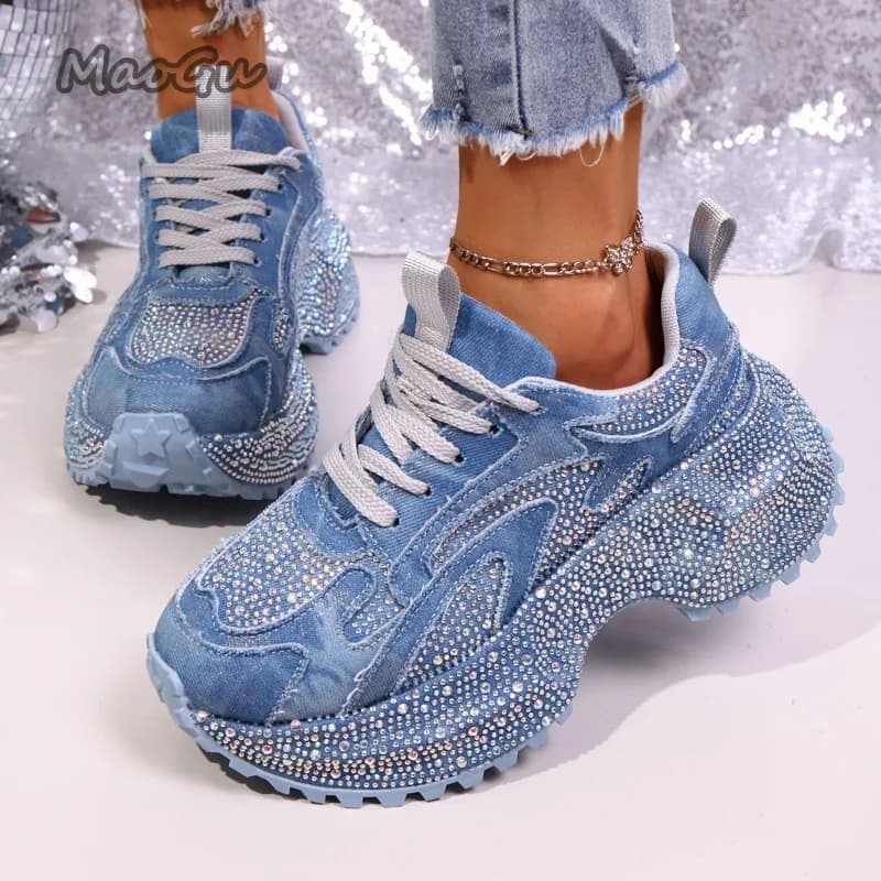 Women's Robust Gymnastics Shoes with Fashionable Rhinestones Casual Shoes with Laces Vulcanized Shoes with Luxury Denim Platform for Women 35-42