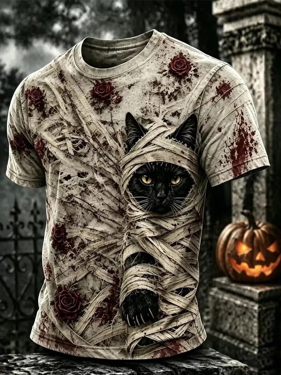 Halloween Mummy Black Cat T-Shirt Featuring Blood-stained Bandages Deep Red Rose Prints, Blending Horror Elements Street Style.