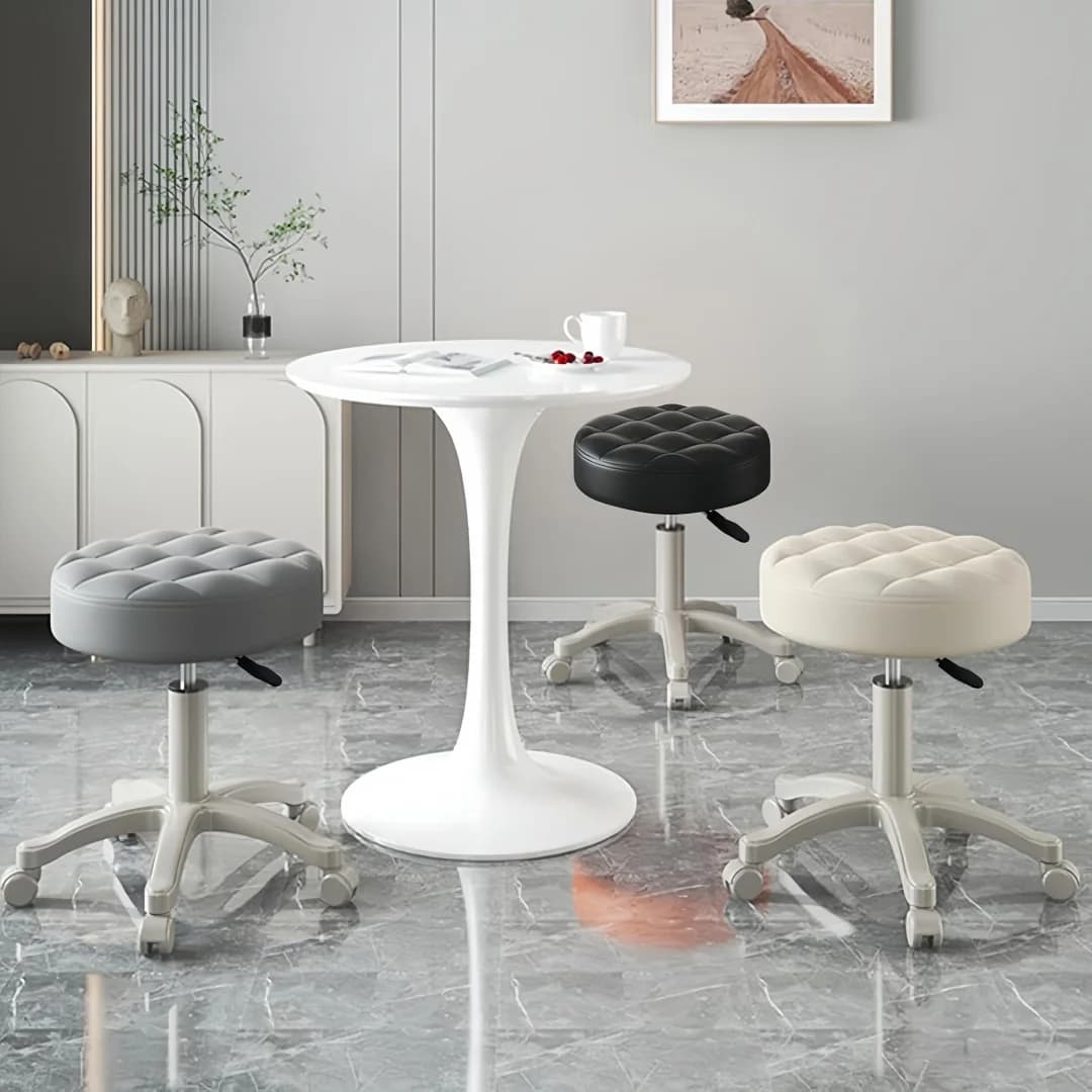 Sgabello Girevole Rotondo in Ecopelle, Altezza Regolabile, per Disegno, Lavoro, SPA, Medicina, Salone, Ufficio, con Cuscino Morbido