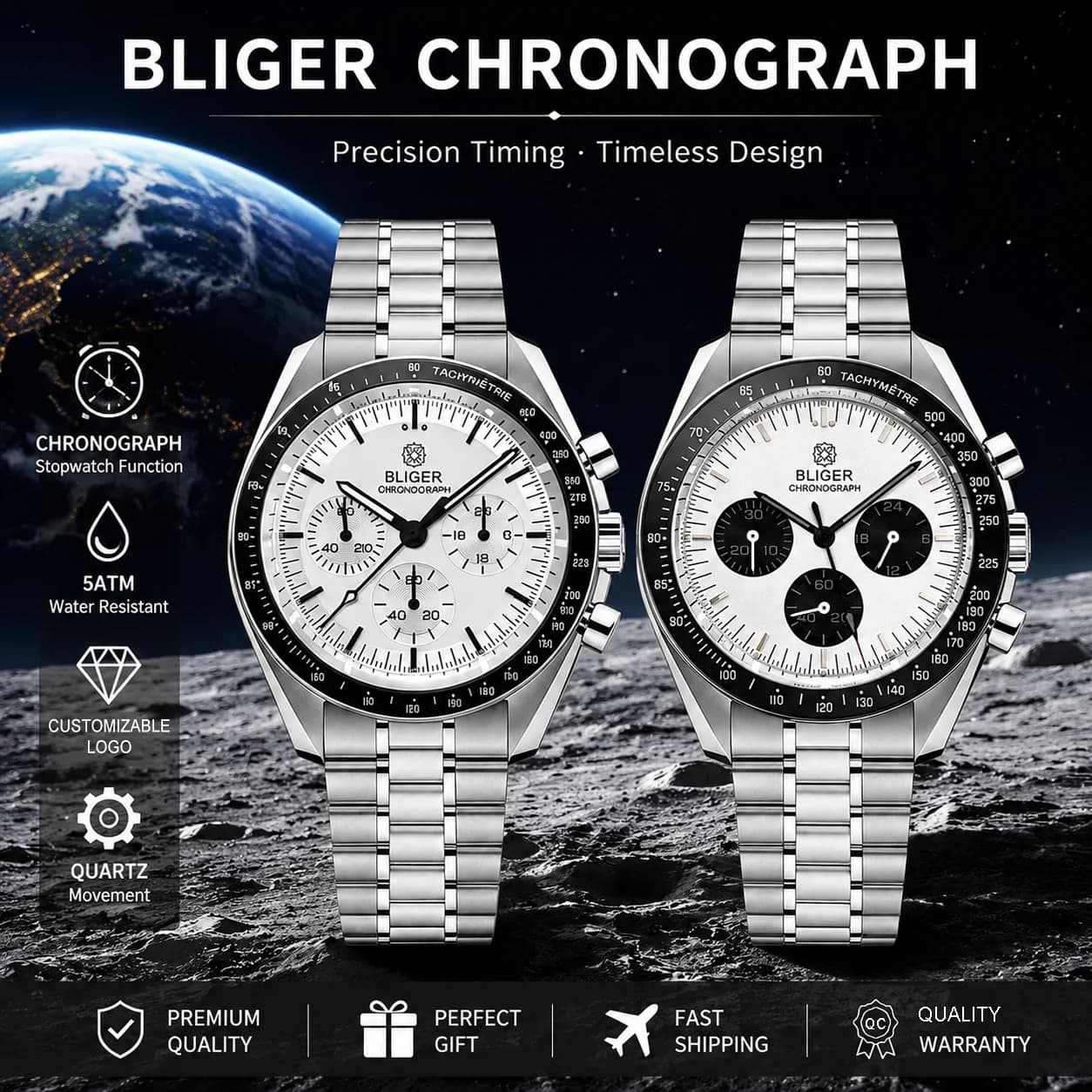 BLIGER 40mm Moon Quartz Watch For Men VK63 Chronograph Bubble Crystal Waterproof Stainless Steel Black White Dial Business Watch