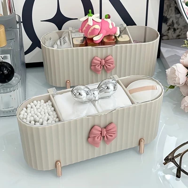 Organizer for three-part tricks with adorable bow design, spacious storage box to store tampons and duvets.