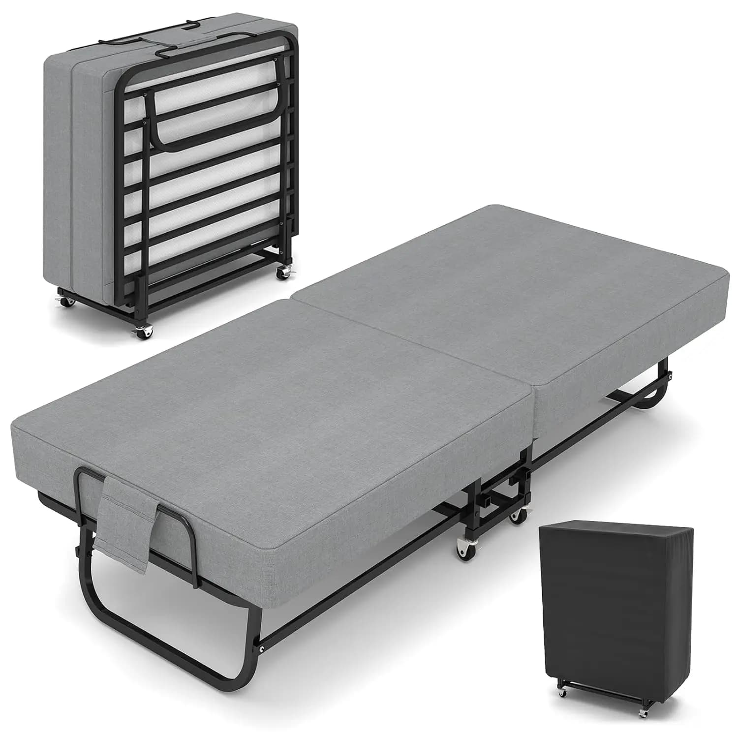 Letto Pieghevole con Materasso per Adulti, Letto Portatile su Ruote, Materasso in Memory Foam e Metallo, Personalizzabile